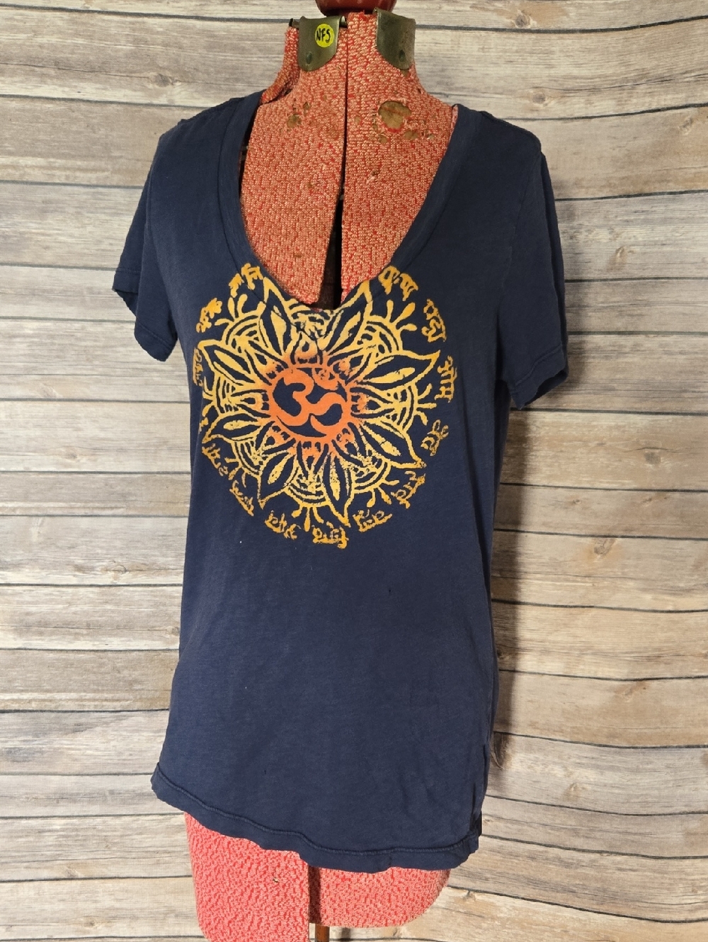 Lucky Brand Navy V-Neck Tee with Gold and Orange Mandala